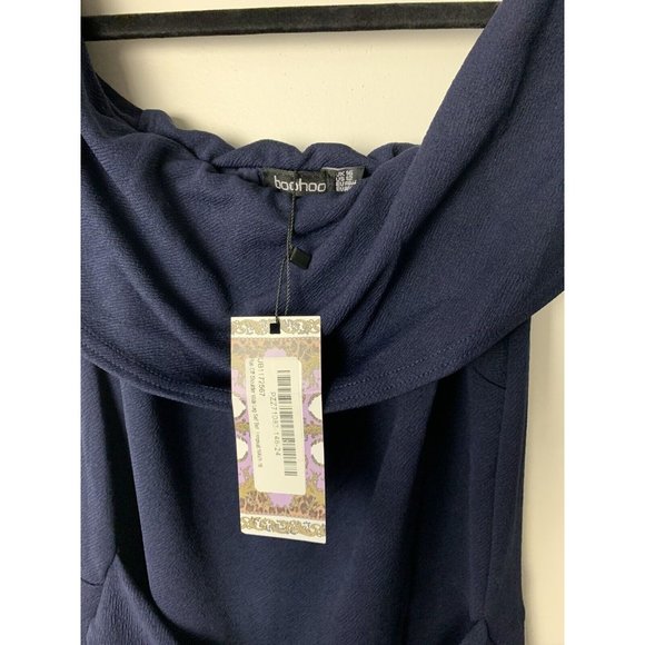Boohoo Asymmetrical One Sleeve Off Shoulder Dress Size 16 Navy - Picture 4 of 6